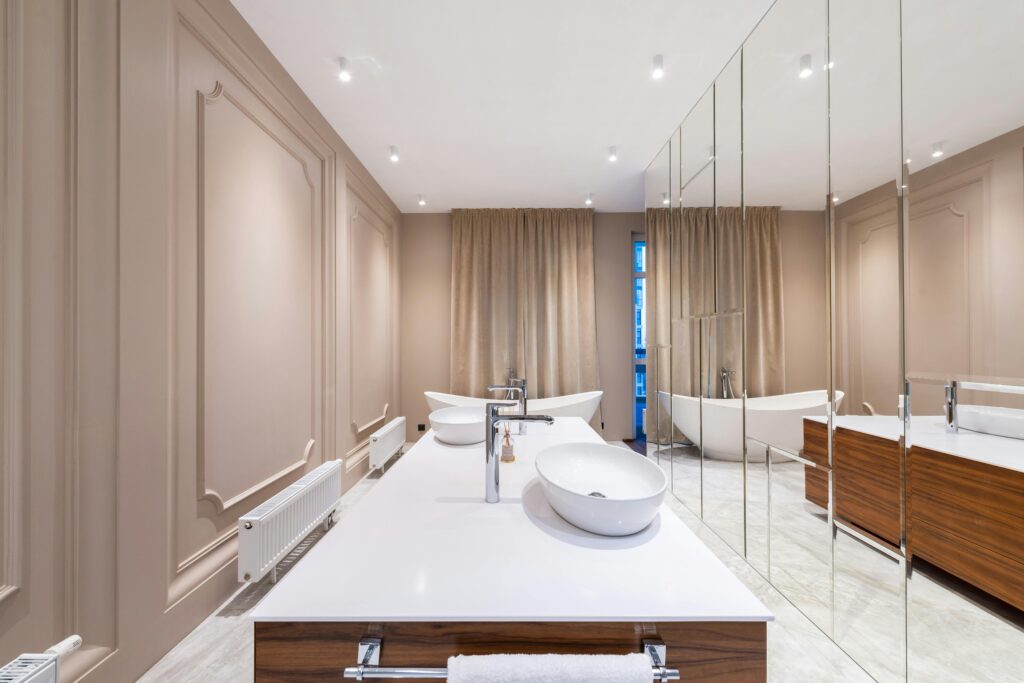 bathroom vanity wood and marble finishes